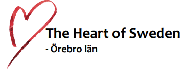 Logotyp med en röd hjärtform och texten "The Heart of Sweden - Örebro län".