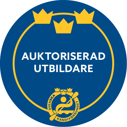 Utbildar på GSRT och MEL Blå cirkel med texten "Auktoriserad Utbildare" och två gula kronor ovanför.