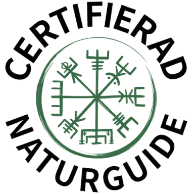 Kvalitetsbevis för Certifierad naturguide Logotyp för certifierad naturguide med runliknande symboler.