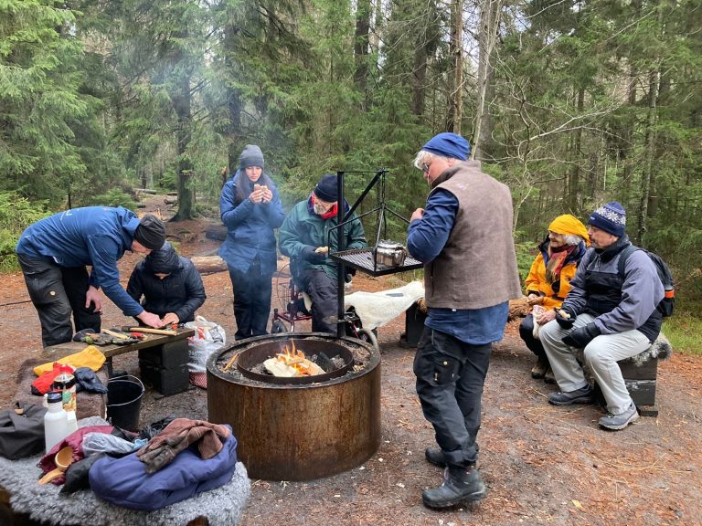 Guidad grupp i Tiveden Grupp som lagar mat tillsammans vid en eld efter en guidad tur i Tiveden